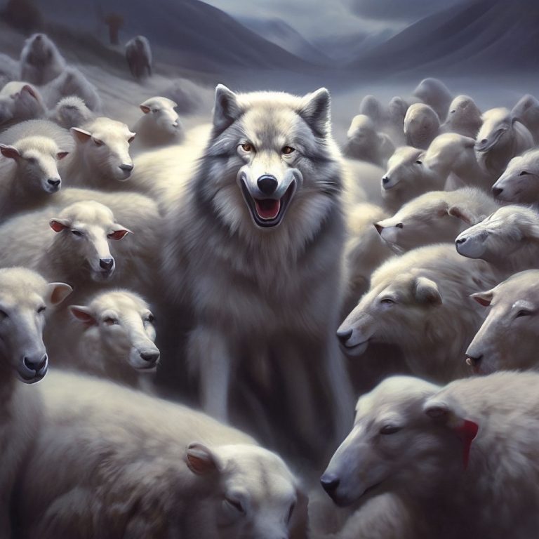 стадо овец идущее в одном направлении и один волк смотрящий в другую сторону